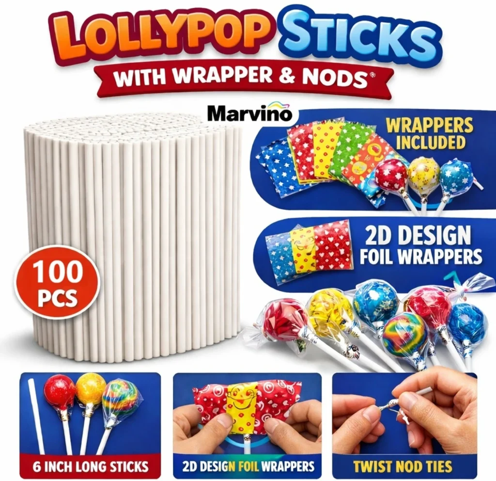 Marvino Branded Multicolor lollipop sticks wrapers and nods