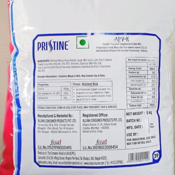 Pristine Cake premix Vanilla 5kg Pack