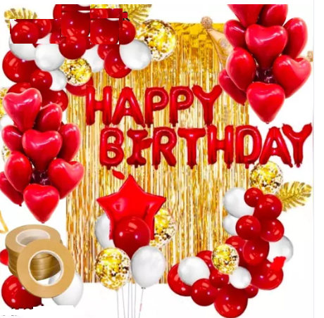 combo-set-happy-birthday-foil-balloons.png Happy Birthday Red Foil Balloon With Red Heart Shape Balloon , 2 golden Curtain And White Red Normal Balloon. - Image 1