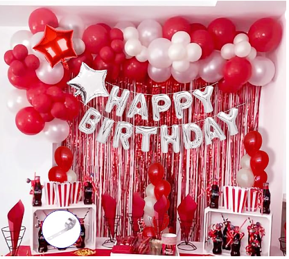 silver-foil-happy-birthday-with-balloon.png Happy Birthday Silver Foil ,Red And White Color Balloon Decoration Product - Image 1