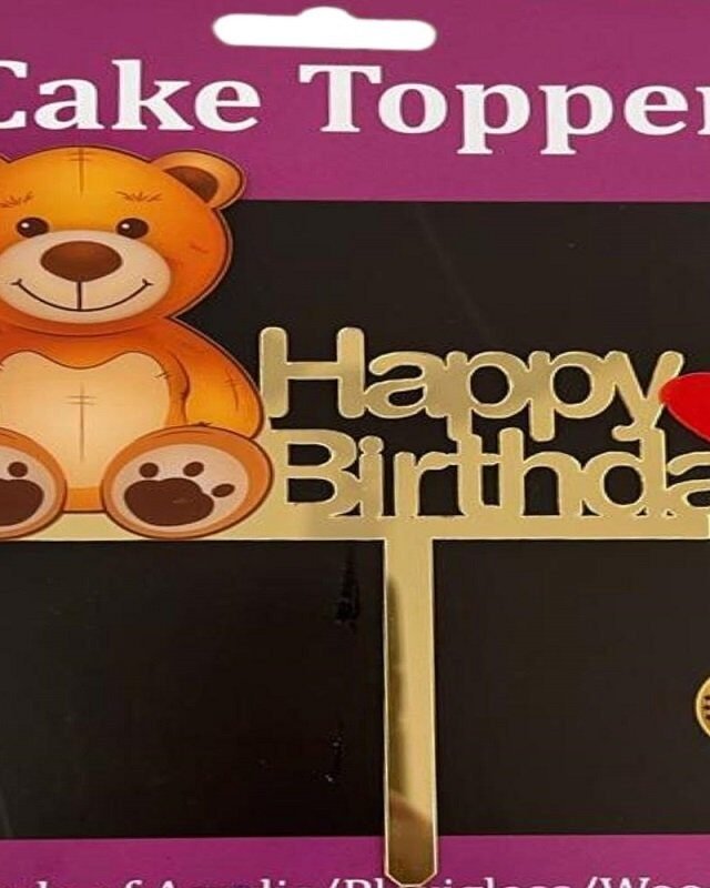 Golden Teddy Bear Happy Birthday Cake Topper