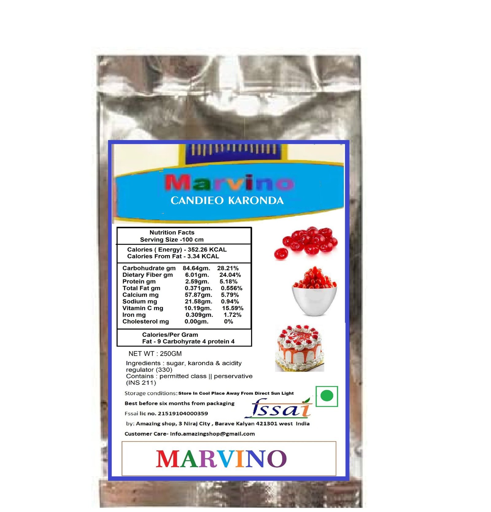 CHERRY-PACKET-1-scaled-1.jpg Marvino Karonda Cherry 250 gm For Cake Decoration - Image 1