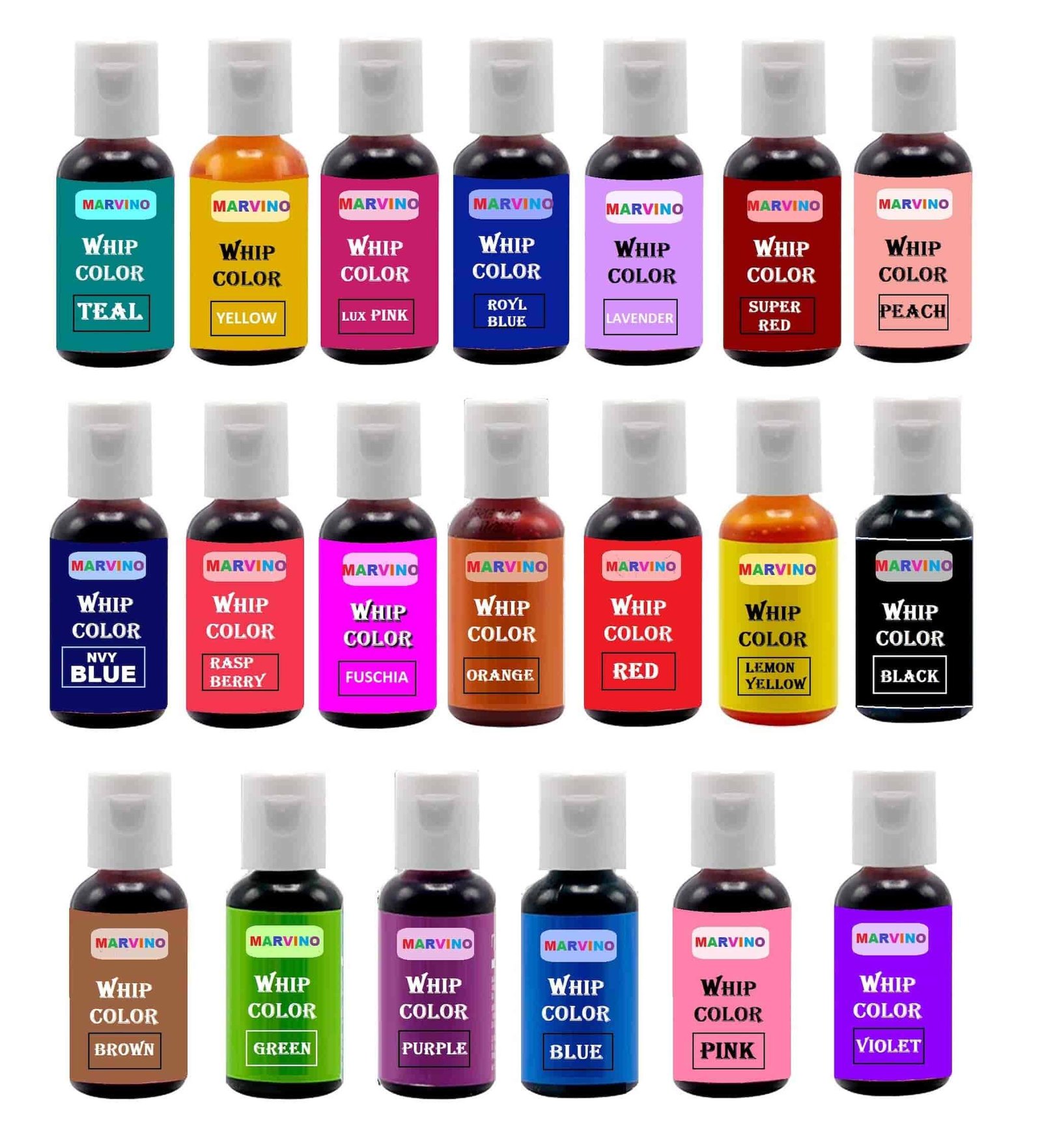 Marvino Whip Colors edible Food Colours for cake pastries pinata white chocolate sweets and creams Multicolor (Set Of 20) Marvino Whip Colors edible Food Colours for cake pastries pinata white chocolate sweets and creams Multicolor (Set Of 20)